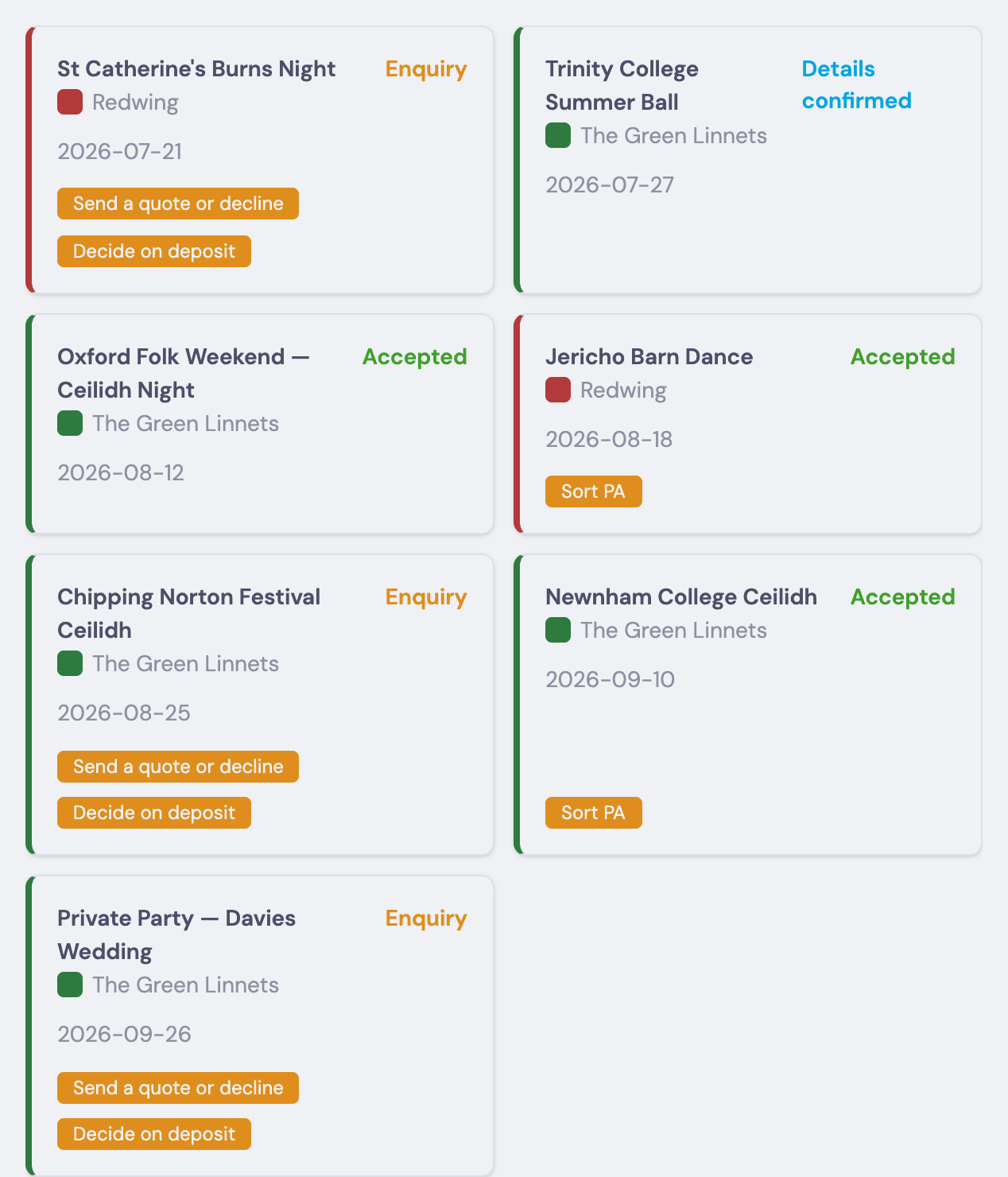 GigSignal dashboard showing upcoming gigs across bands with action hints