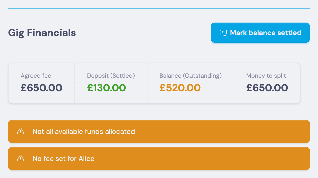 GigSignal gig financials showing settled and outstanding payments