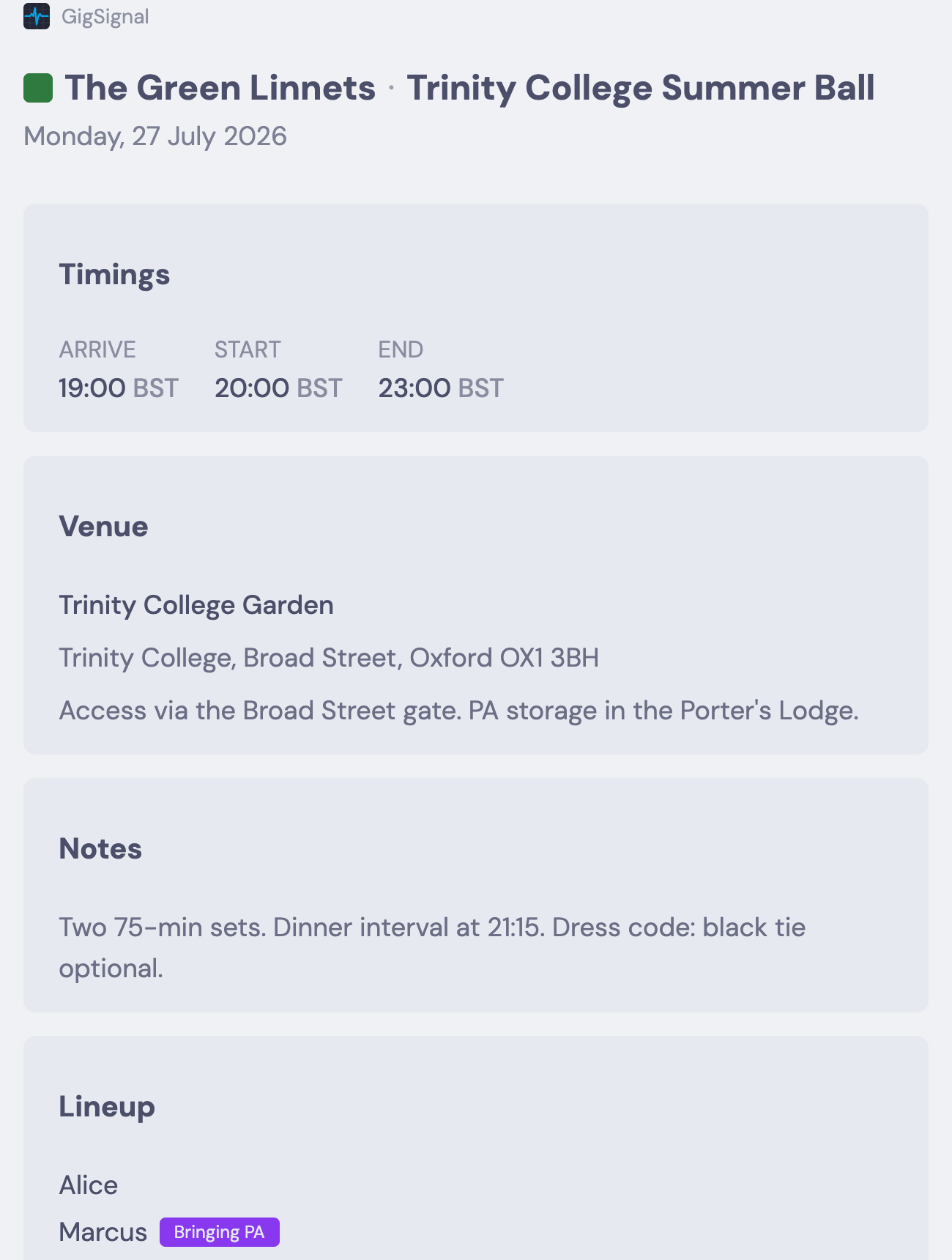 GigSignal public share page showing a dep only the details they need